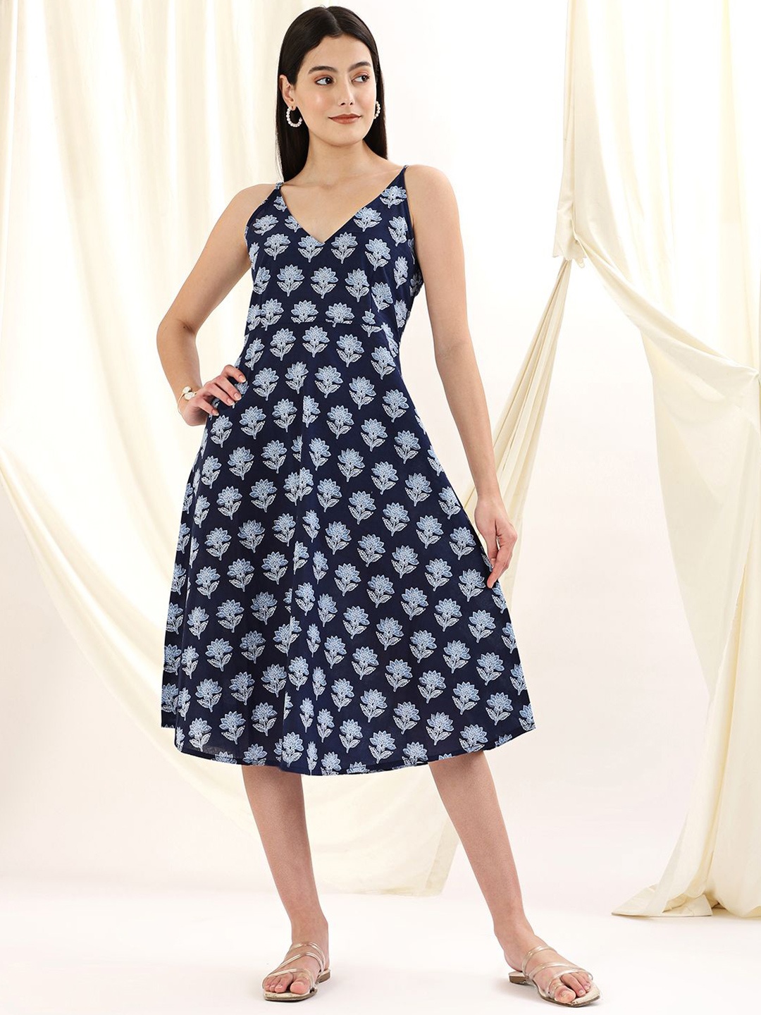 

Zenava by Myntra Ethnic Motifs Print Fit & Flare Midi Dress, Navy blue