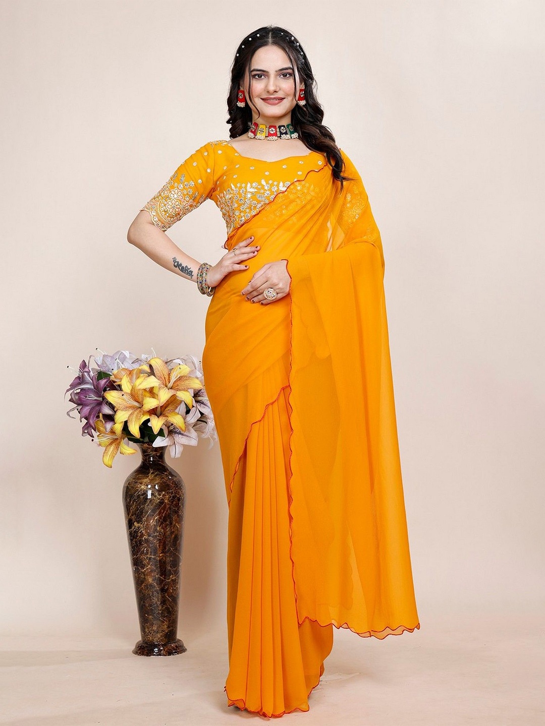 

K 5 Fashion Embroidered Pure Georgette Saree, Mustard