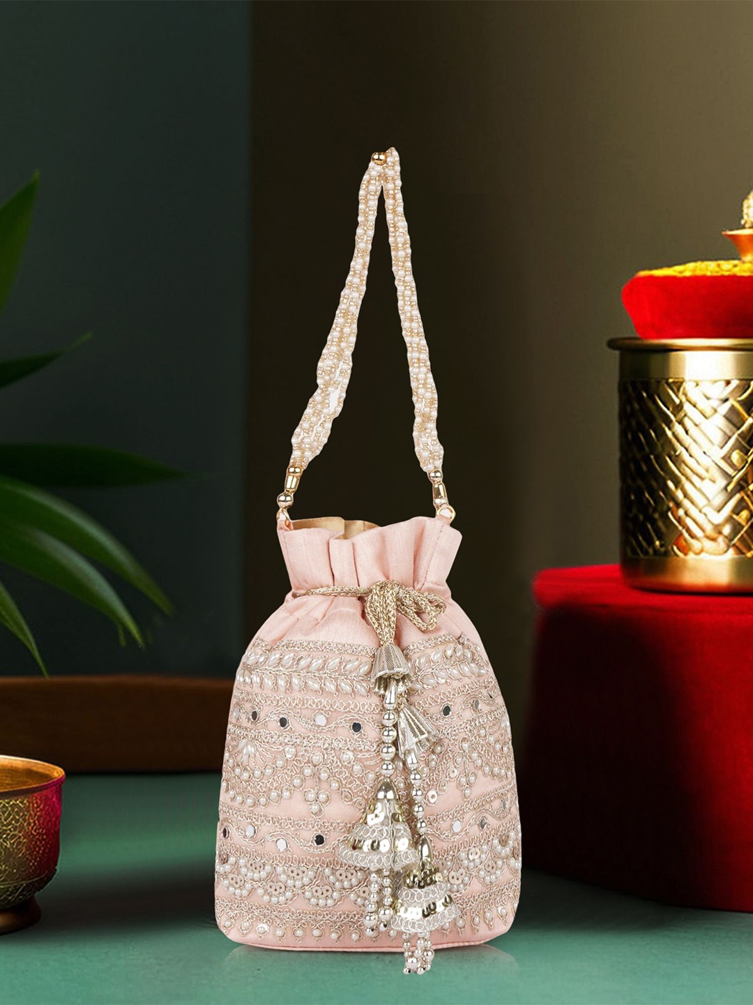 

PLANX Embroidered Embellished Potli Clutch, Peach