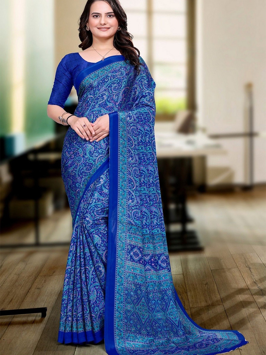 

K 5 Fashion Ethnic Motifs Embroidered Pure Crepe Saree, Blue