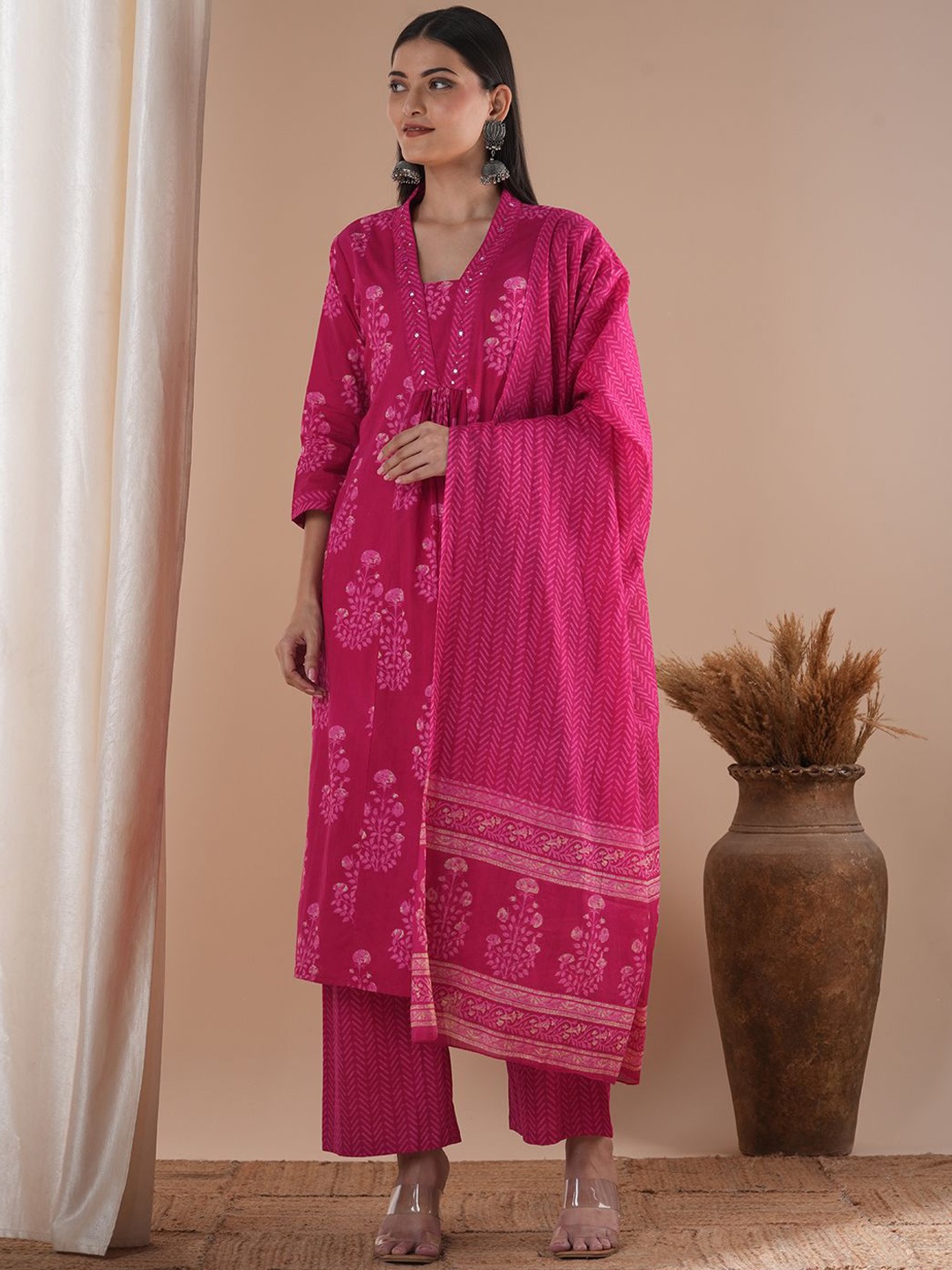 

FASHOR Women Ethnic Motifs Printed Panelled Sequinned Pure Cotton Kurta with Trousers & With Dupatta, Pink