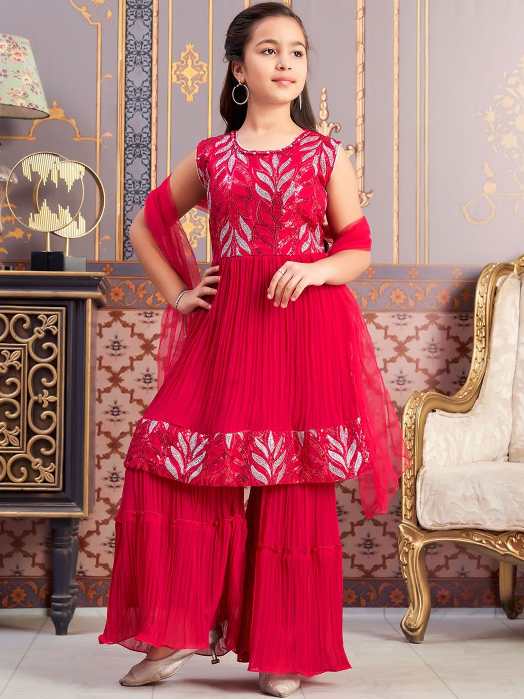

BAESD Girls Floral Embroidered Sequinned Georgette Kurta with Palazzos & Dupatta, Pink