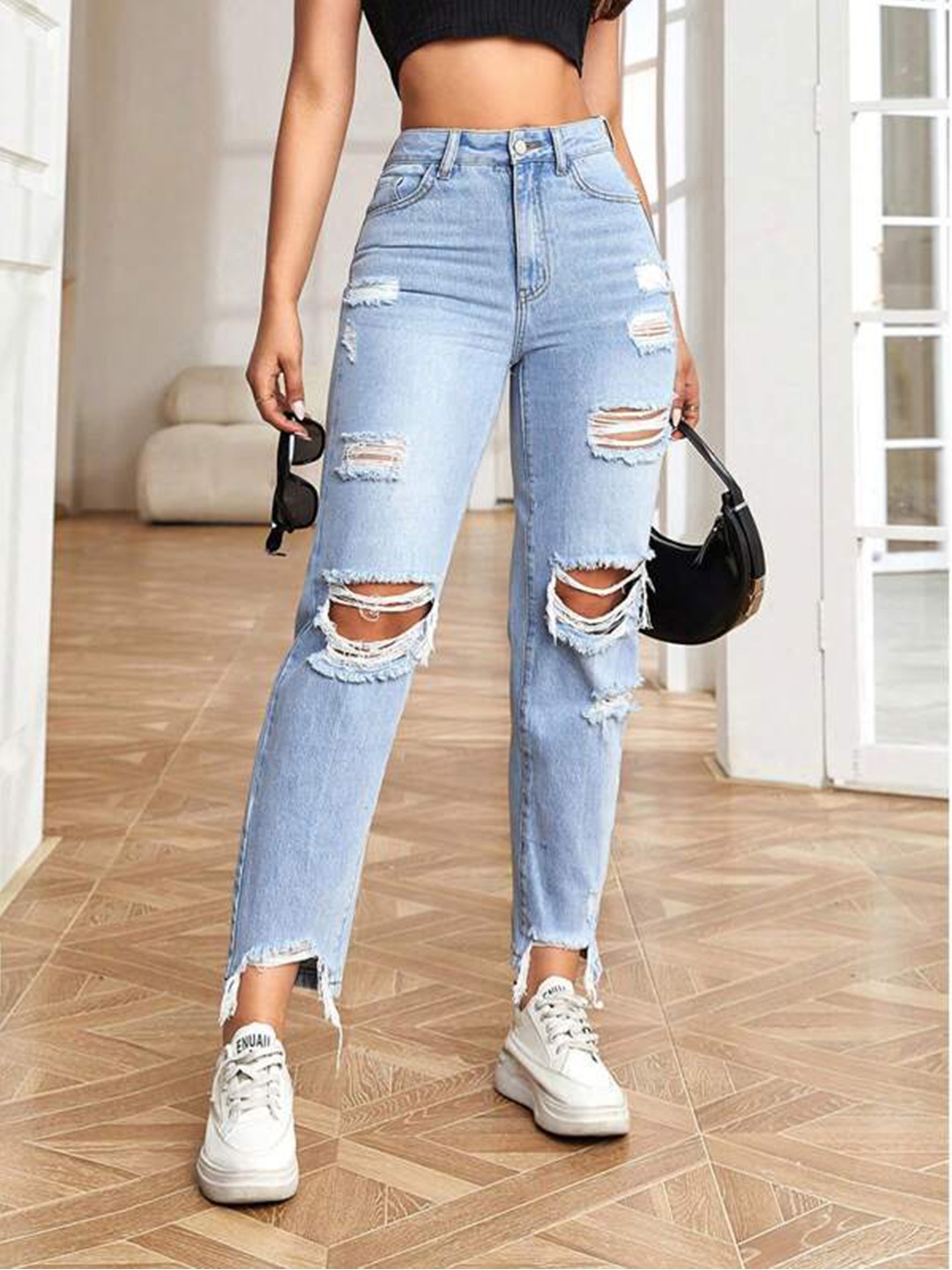 

HIGH BUY Women High-Rise Highly Distressed Light Fade Jeans, Blue