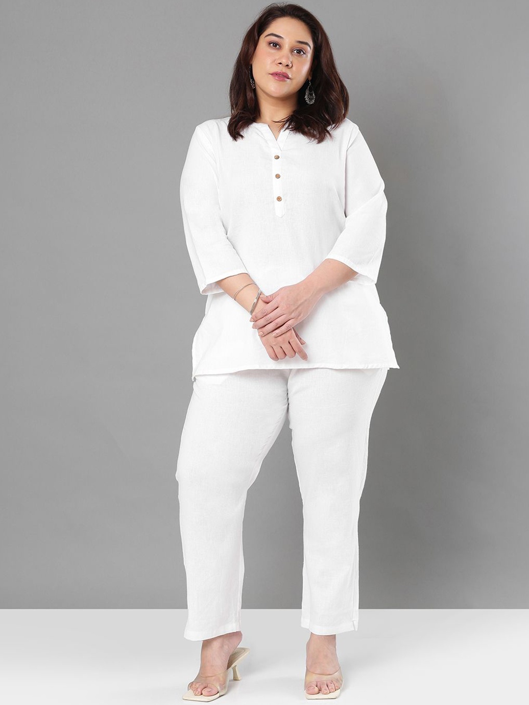

Sztori Pure Cotton Mandarin Collar Top With Trousers Co-Ords, White