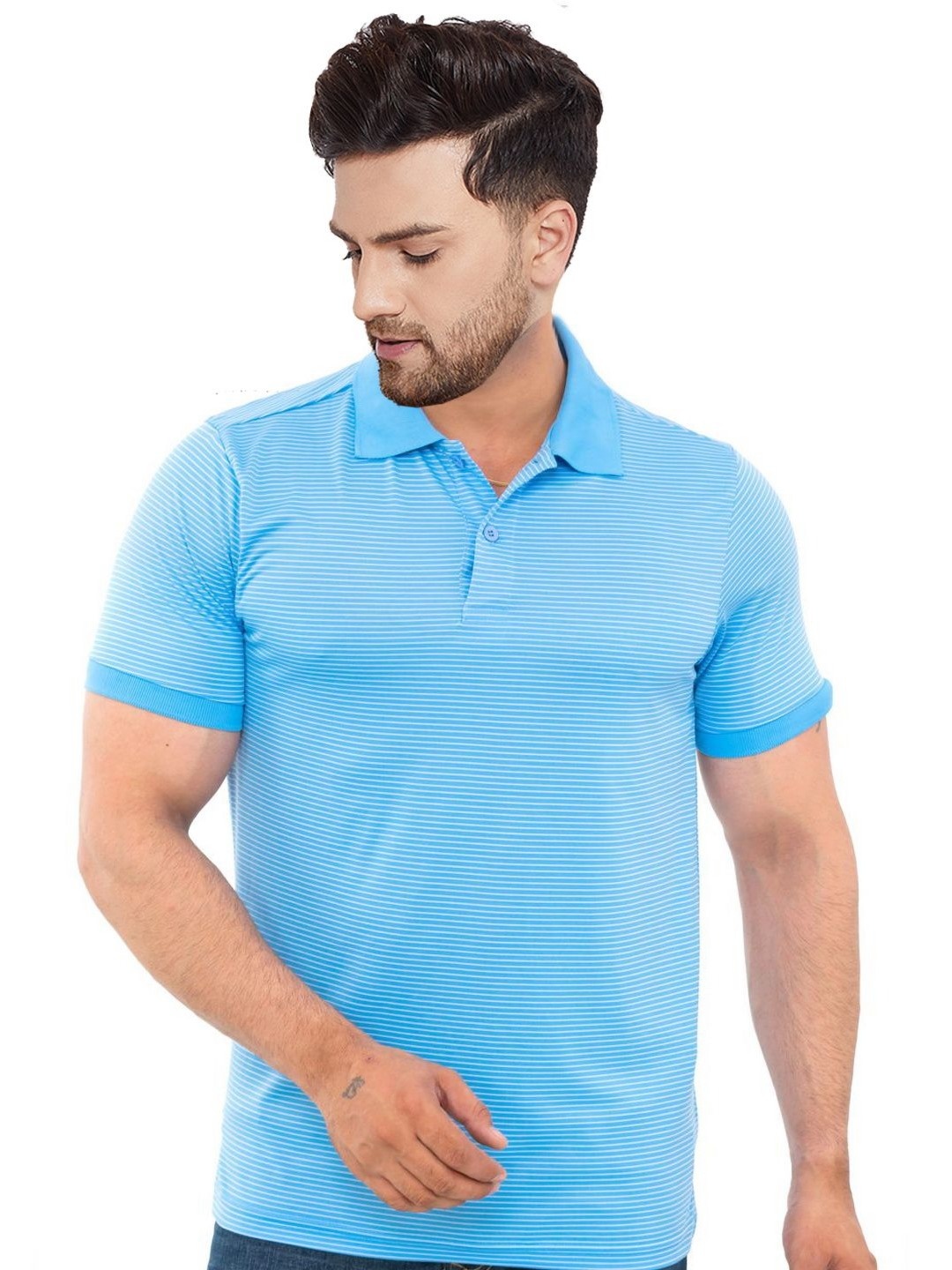 

Bishop Cotton Men Striped Polo Collar Pockets T-shirt, Blue