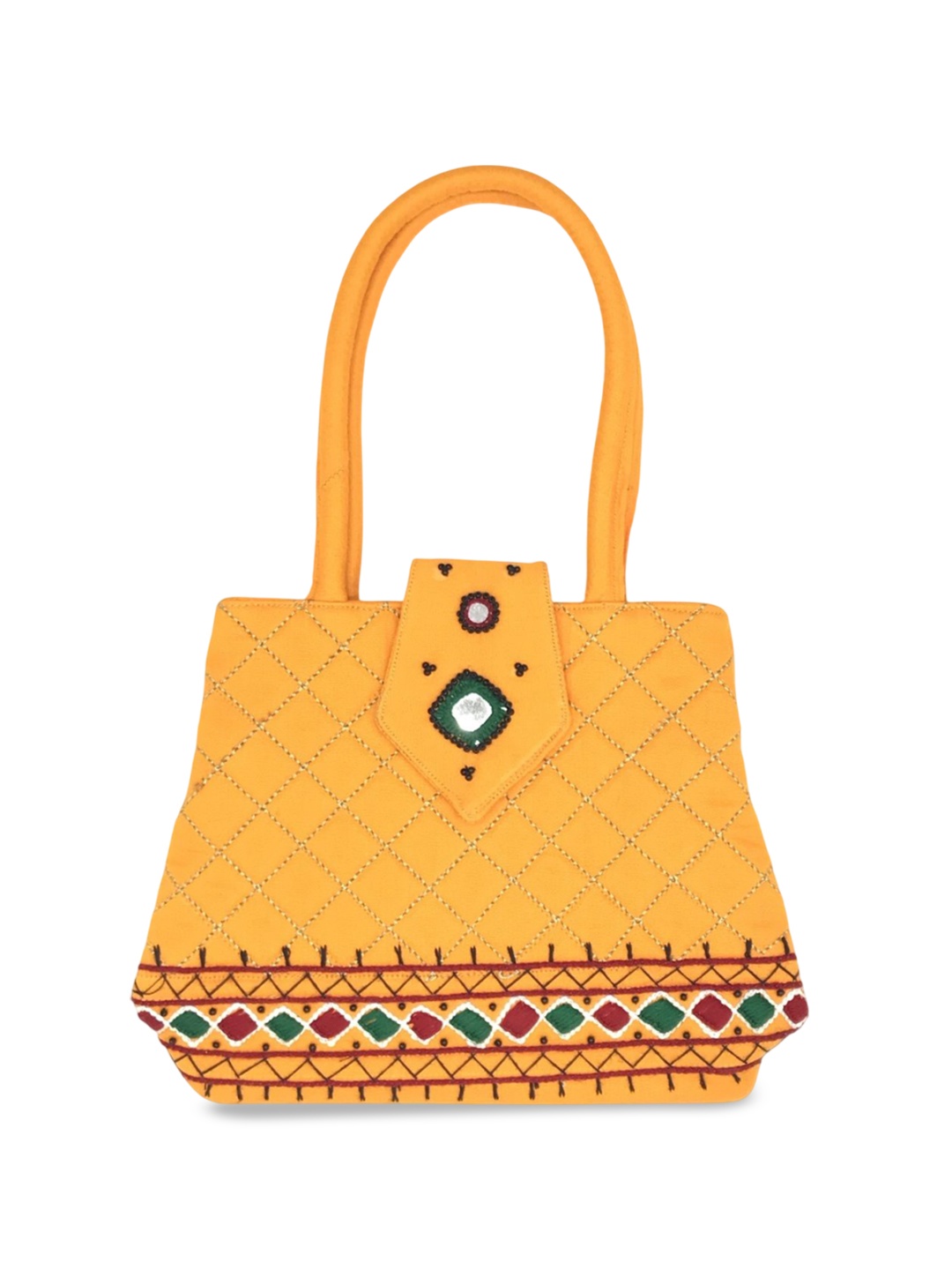 

SriShopify Handicrafts Ethnic Motifs Embellished Structured Handheld Bag, Yellow
