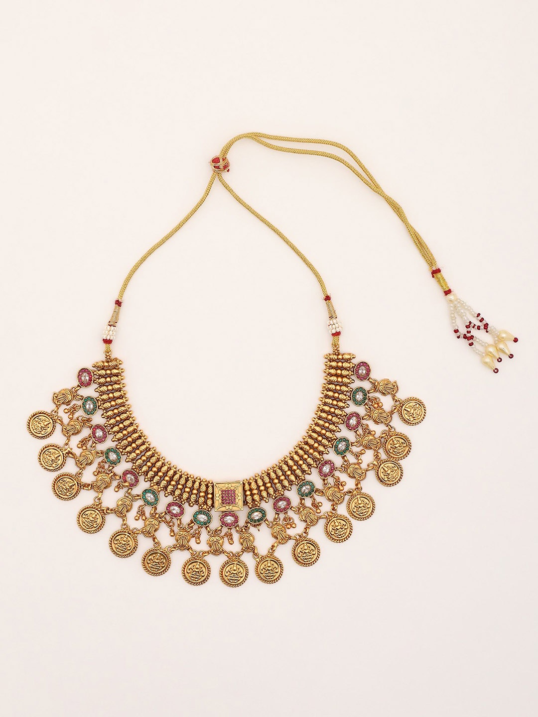 

Exotic India Stone Studded Brass Necklace Set With Earrings, Gold