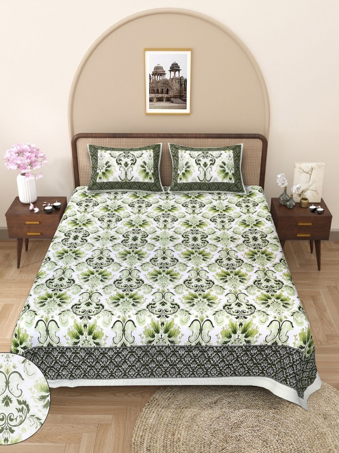 

COLOURSBLOCK Green & White Floral 144 TC Queen Bedsheet with 2 Pillow Covers