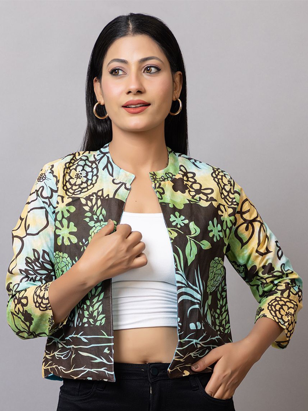 

PROBASIC Floral Print Cotton Denim Crop Top, Green