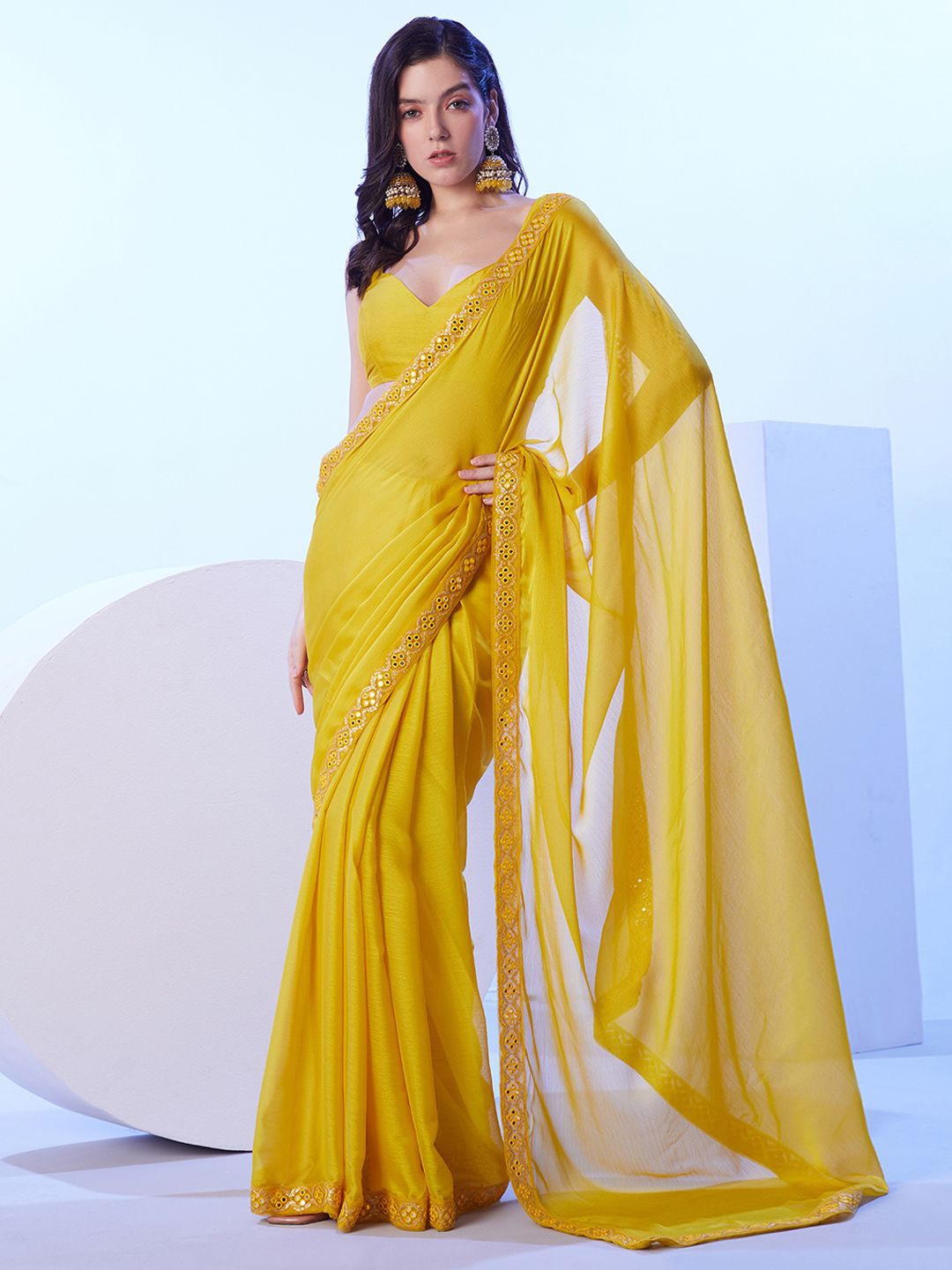 

Mitera Mirror Work Pure Chiffon Saree, Yellow