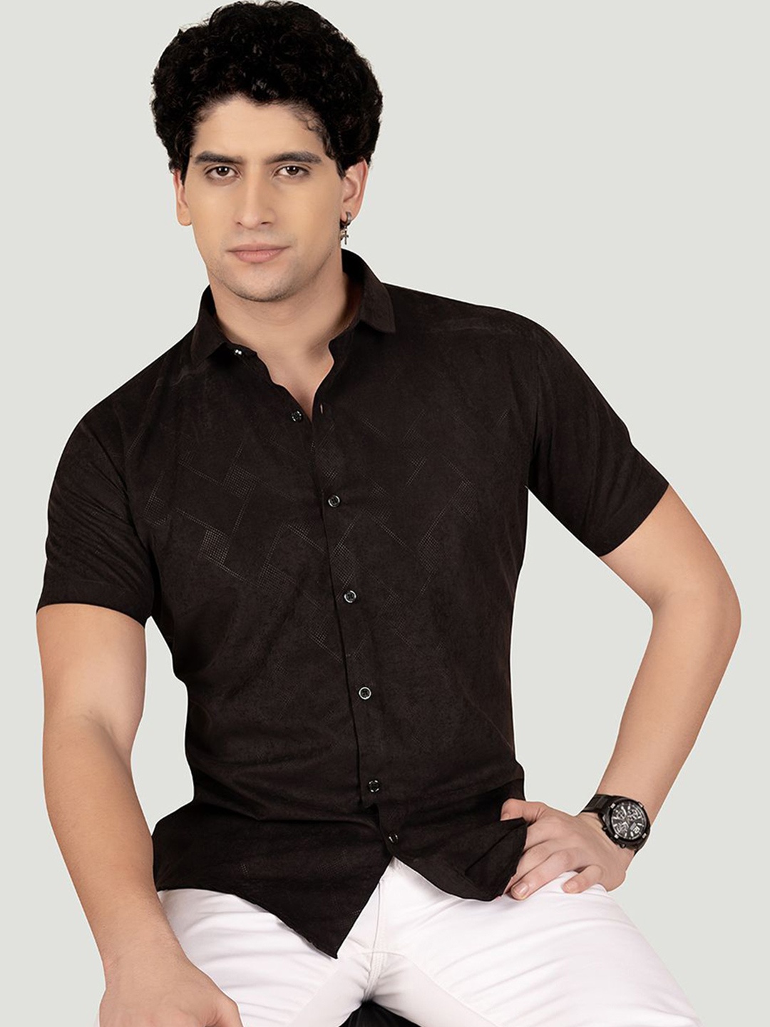 

ALMATY Men Comfort Slim Fit Opaque Printed Casual Shirt, Black
