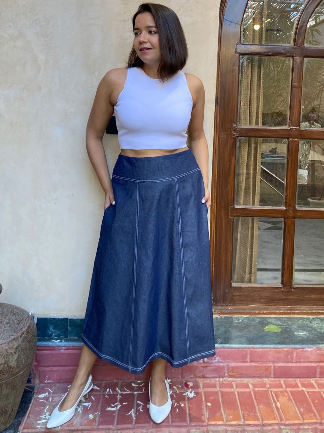 

Label Tanvee Denim A-Line Midi Skirt, Navy blue