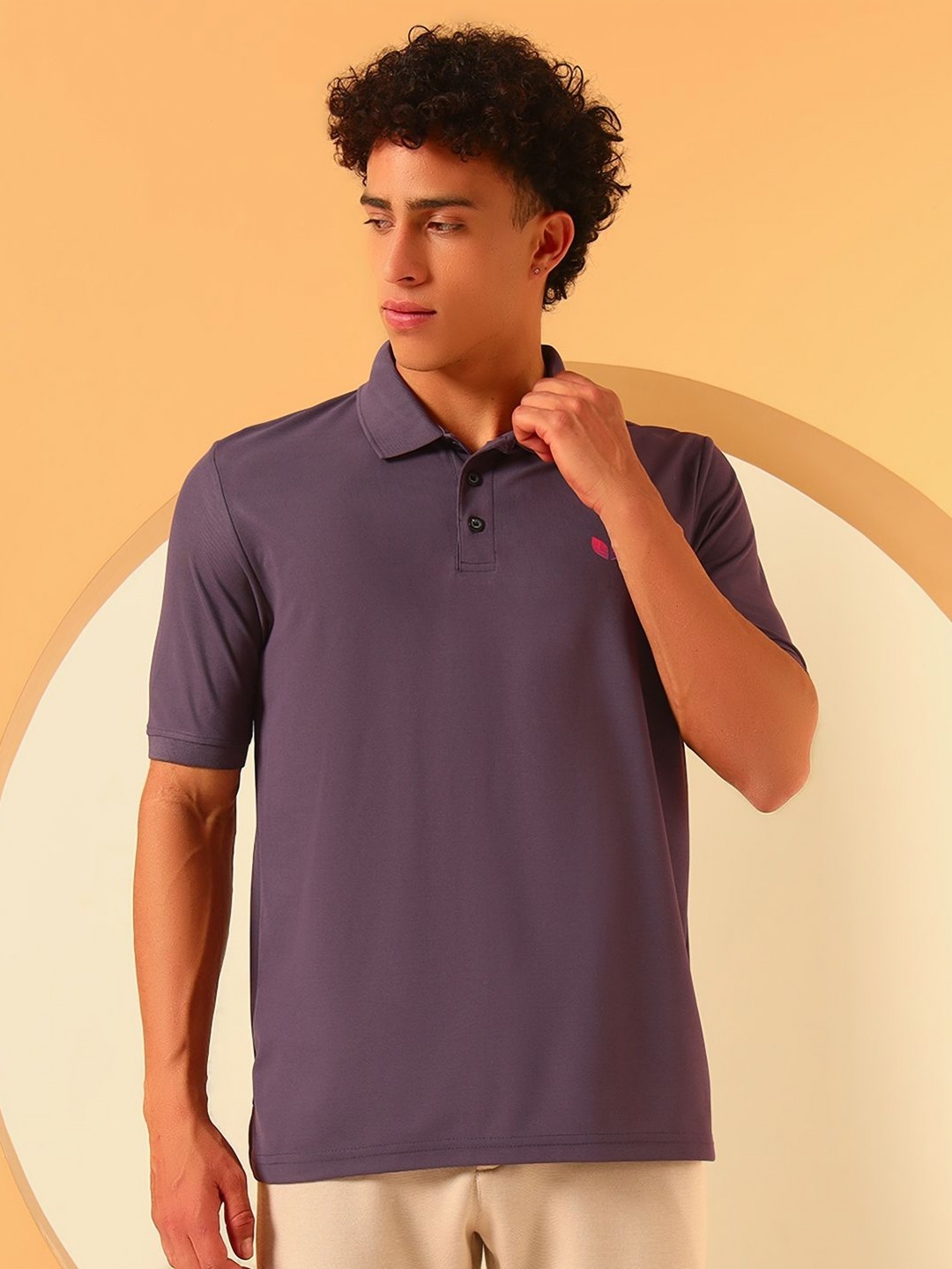

GLITO Women Polo Collar Applique Slim Fit T-shirt, Purple