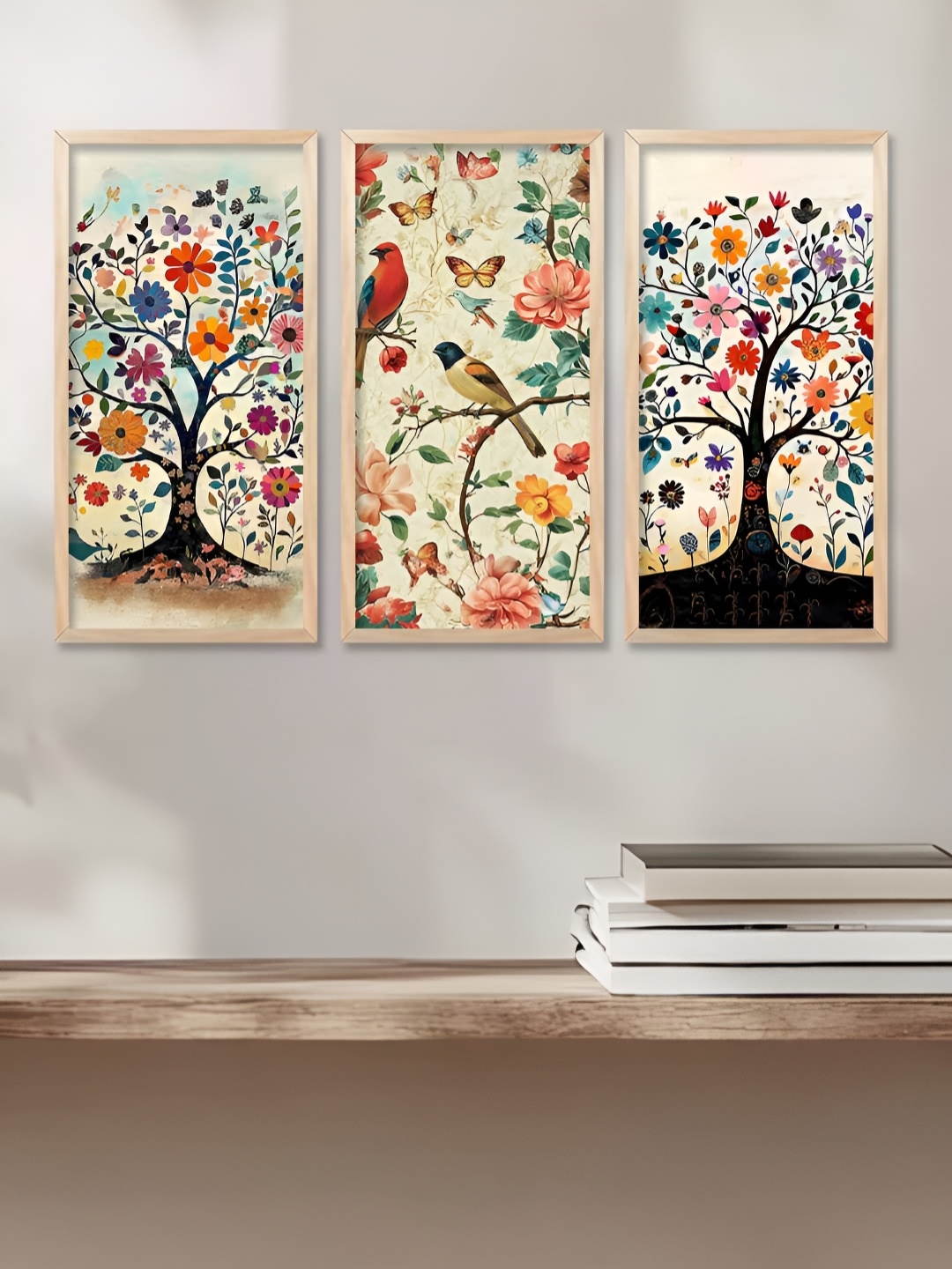 

WALLLANE Cream-Coloured & Red 3 Piece Wood Abstract Wall Paintings