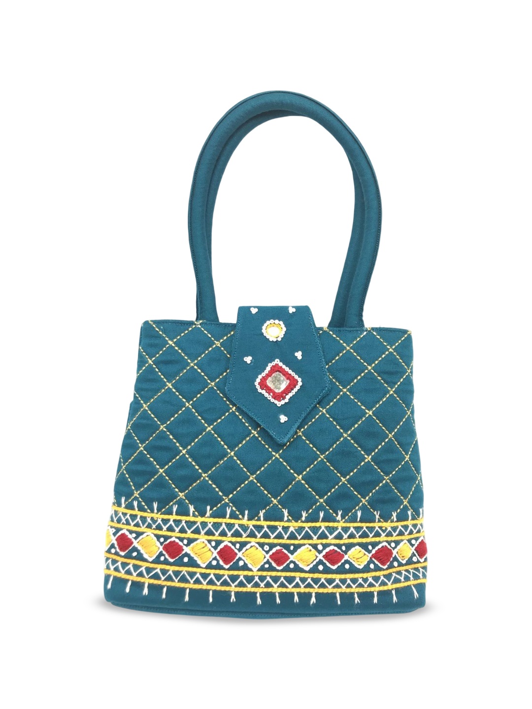 

SriShopify Handicrafts Embellished Structured Handheld Bag, Turquoise blue