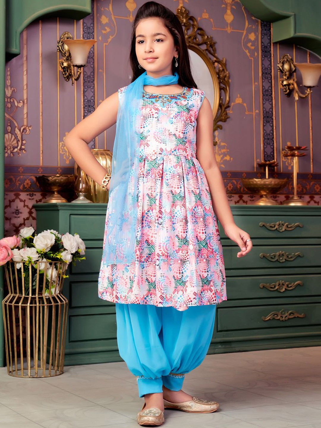 

BAESD Girls Geometric Printed Round Neck Stone & Beads Work Kurt With Patiala & Dupatta, Turquoise blue