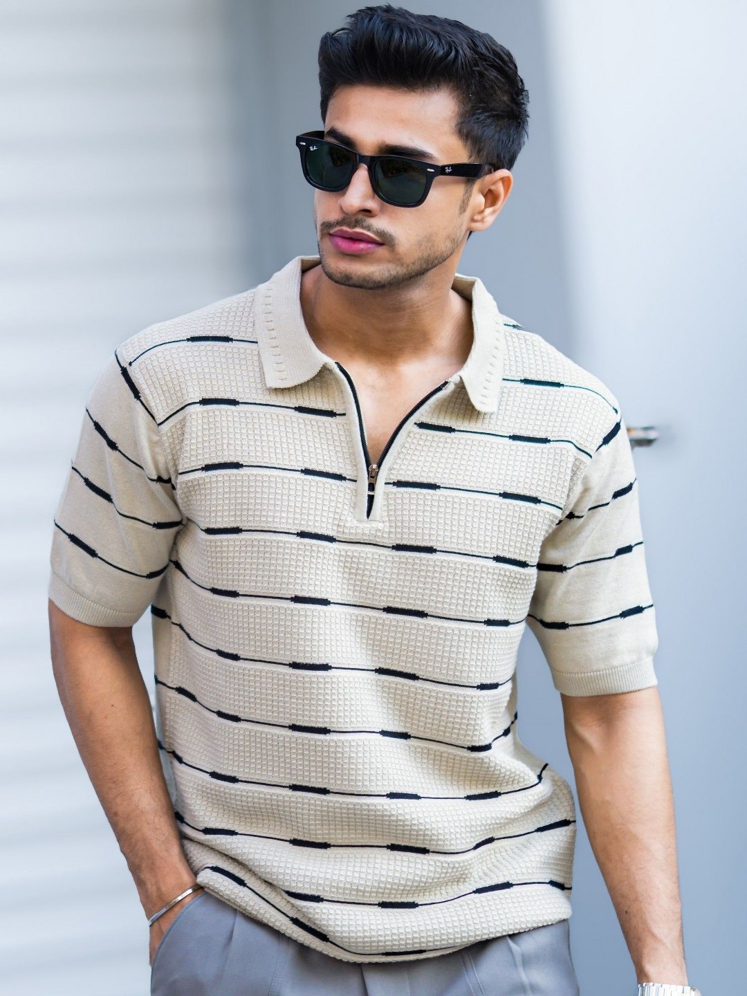 

Maniac Men Polo Collar Pockets Slim Fit T-shirt, Beige
