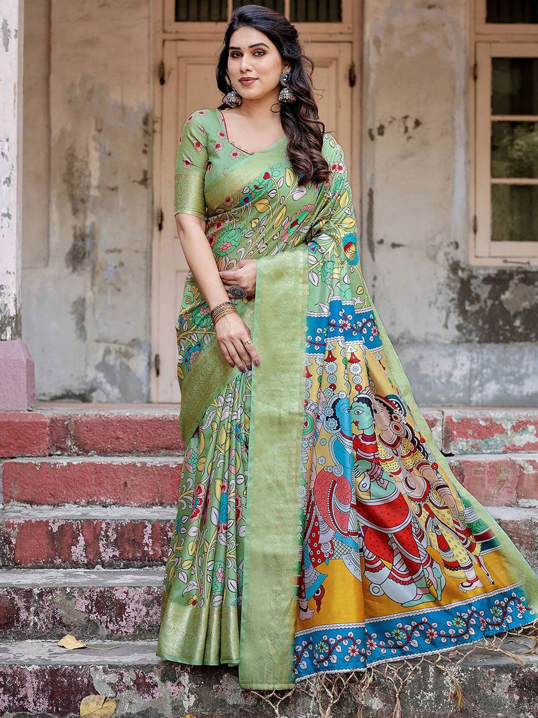 

DIVASTRI Kalamkari Zari Silk Blend Paithani Saree, Green