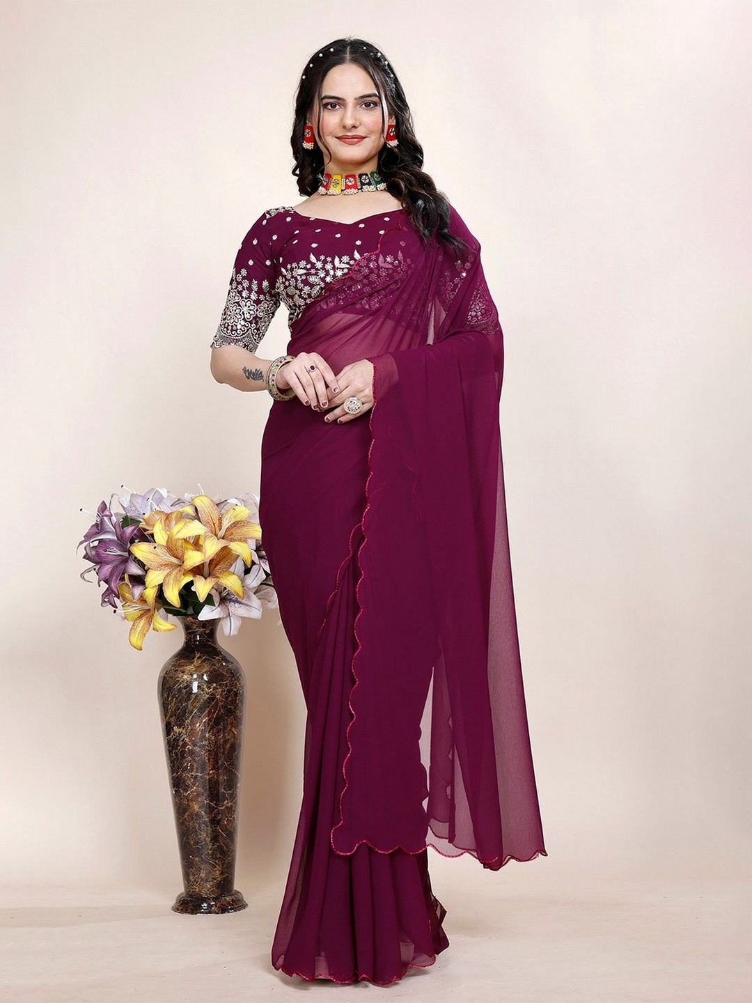 

K 5 Fashion Embroidered Pure Georgette Saree, Purple