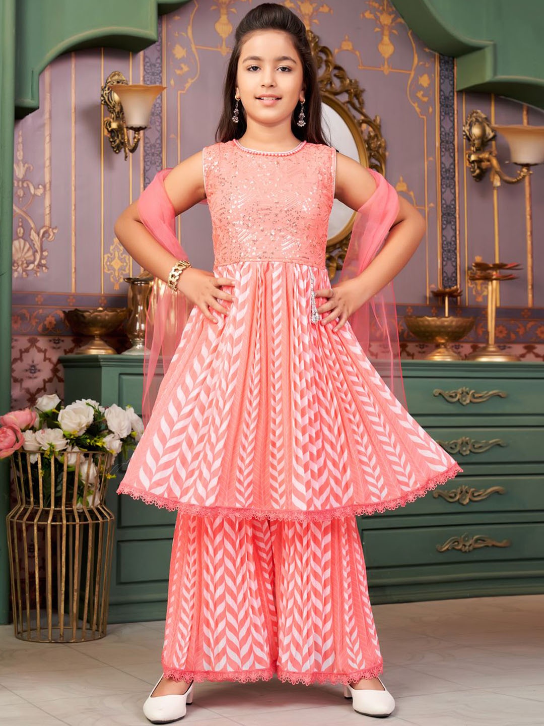 

BAESD Girls Geometric Printed Round Neck Sequinned Anarkali Kurta With Sharara & Dupatta, Pink