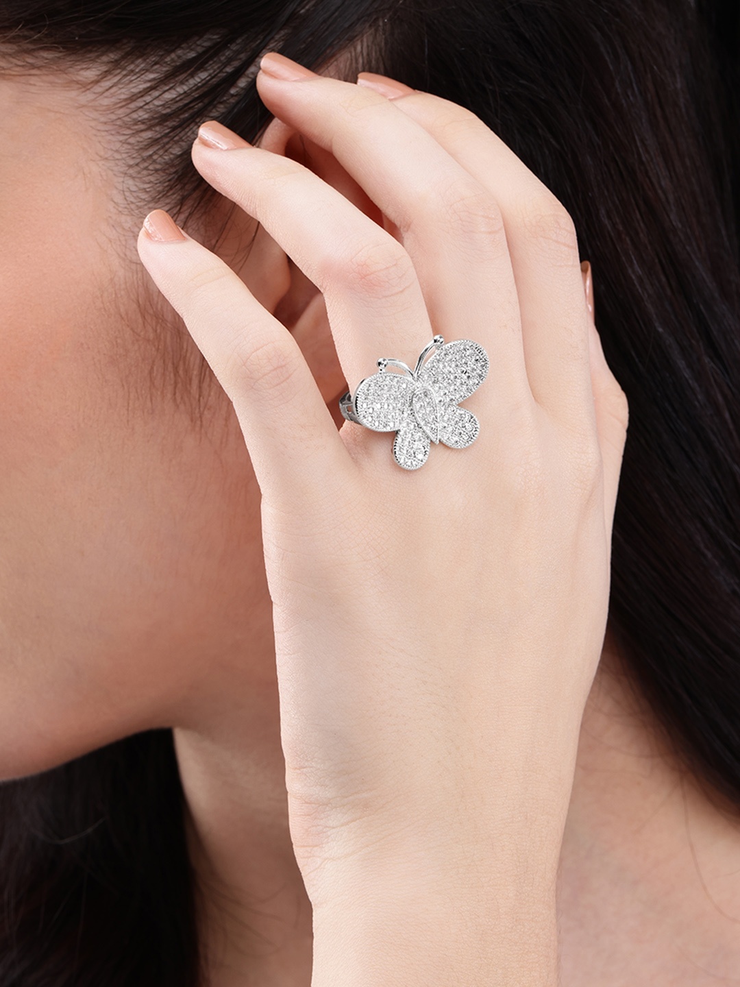 

DressBerry Stone Studed Butterfly Shaped Finger Ring, Silver