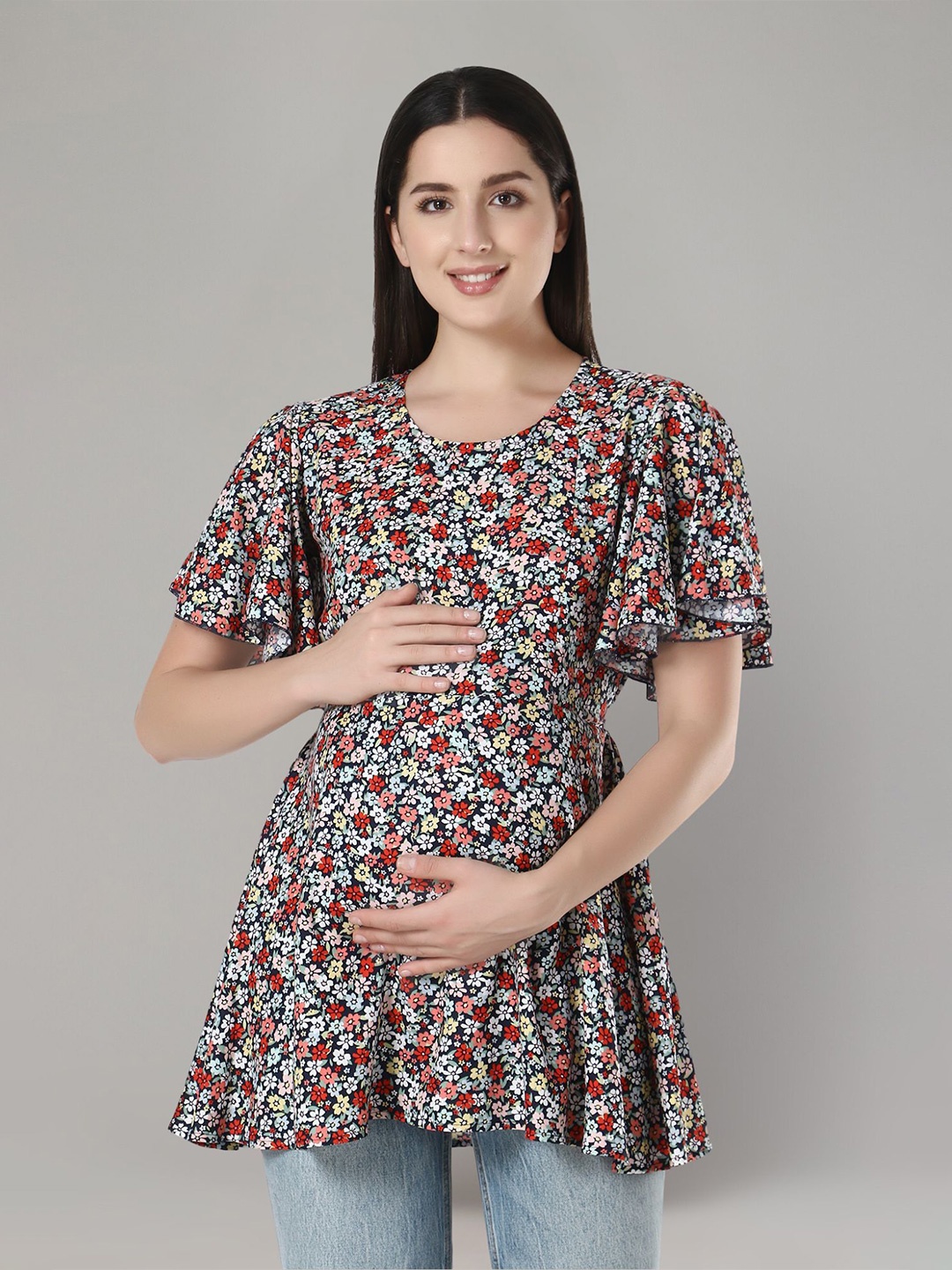 

Zuvino Women Floral Maternity Feeding Top With Zipper, Navy blue