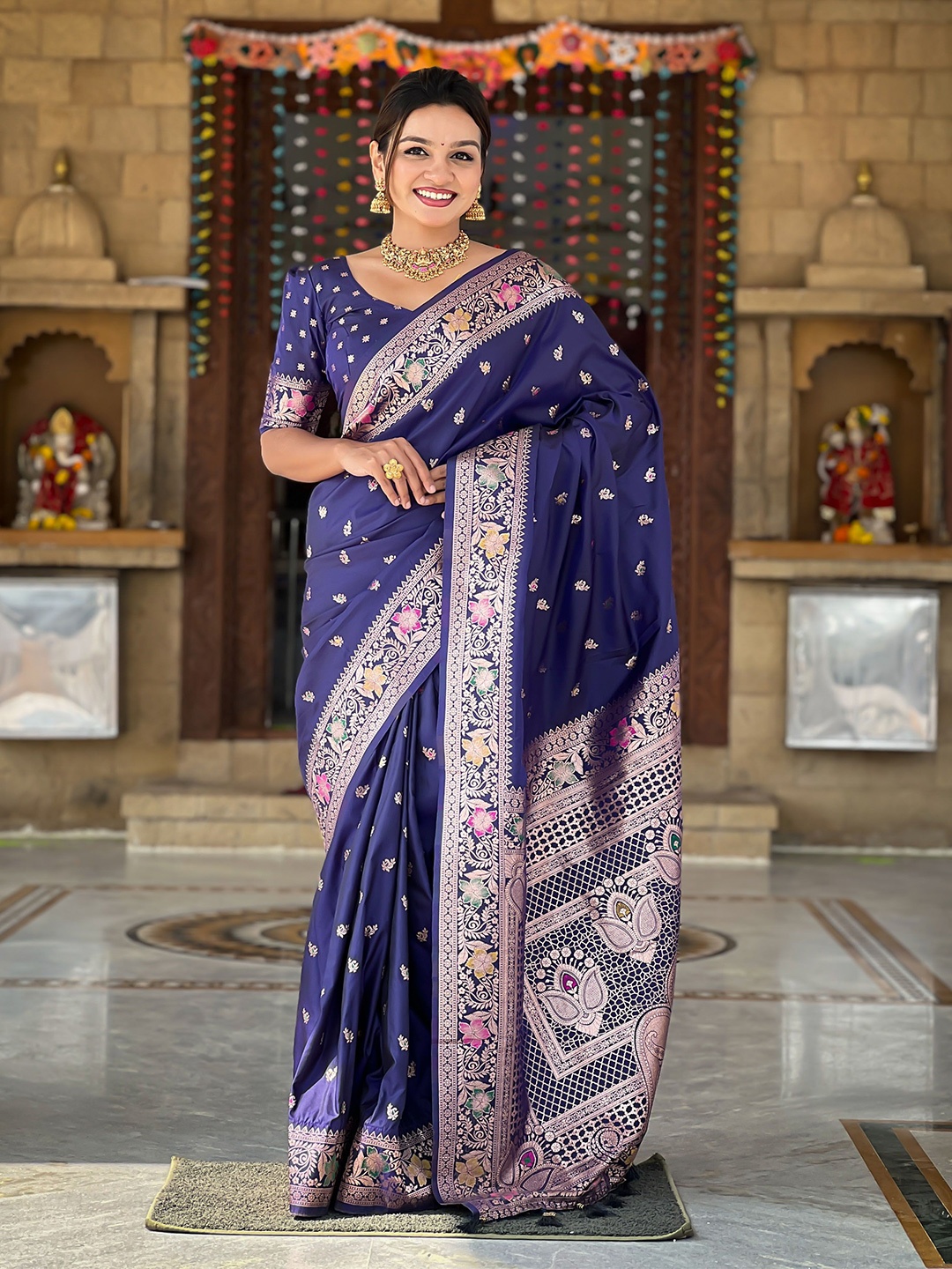 

Ekta Textiles Ethnic Motifs Woven Design Zari Pure Silk Banarasi Saree, Navy blue