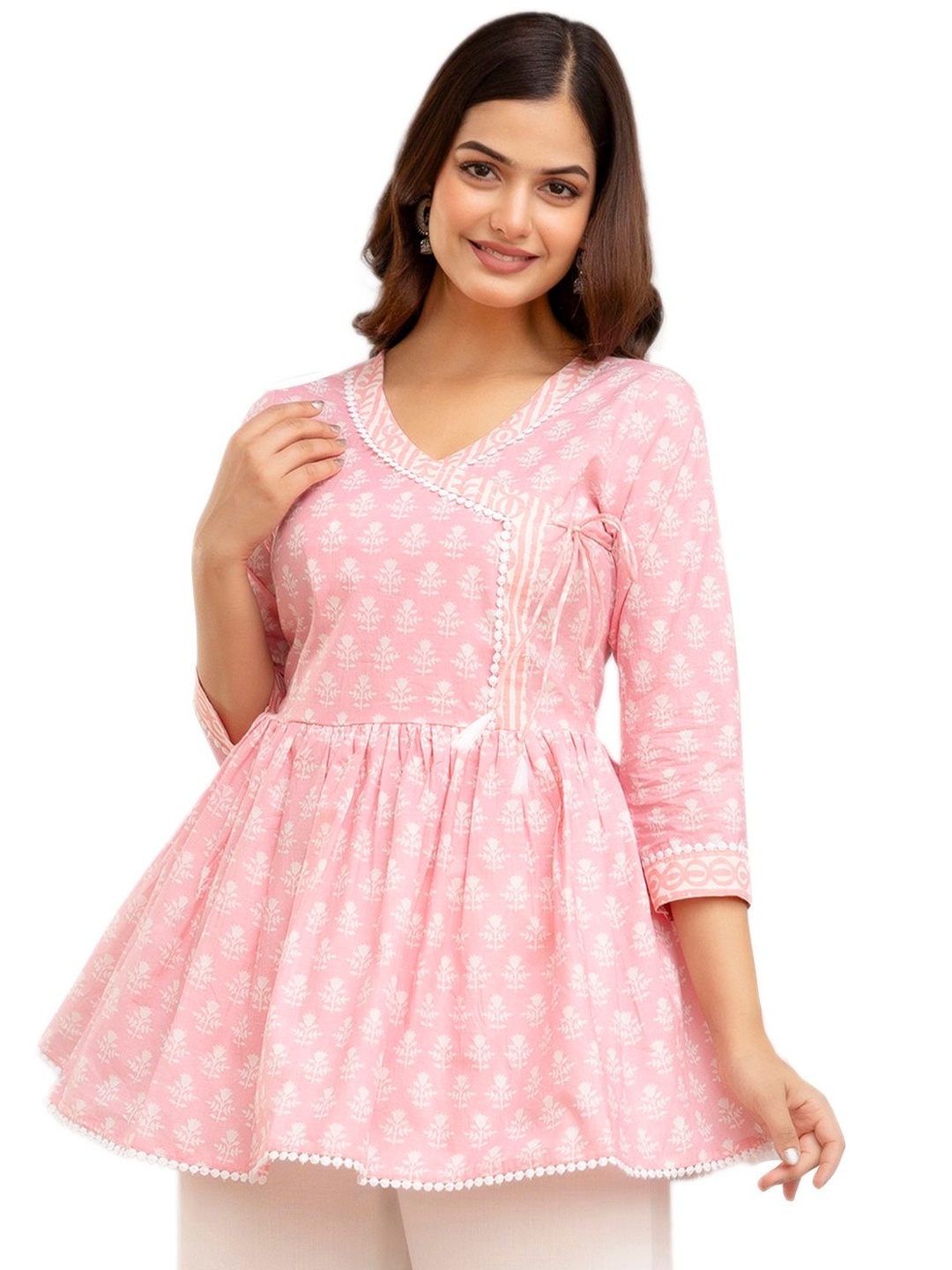 

DMP FASHION Polka Dot Print Cotton Cinched Waist Top, Pink