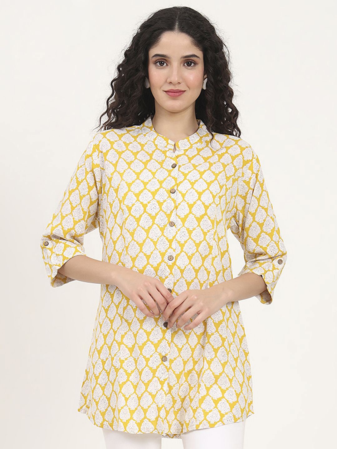 

KALINI Floral Print Mandarin Collar Roll-Up Sleeves Top, Yellow