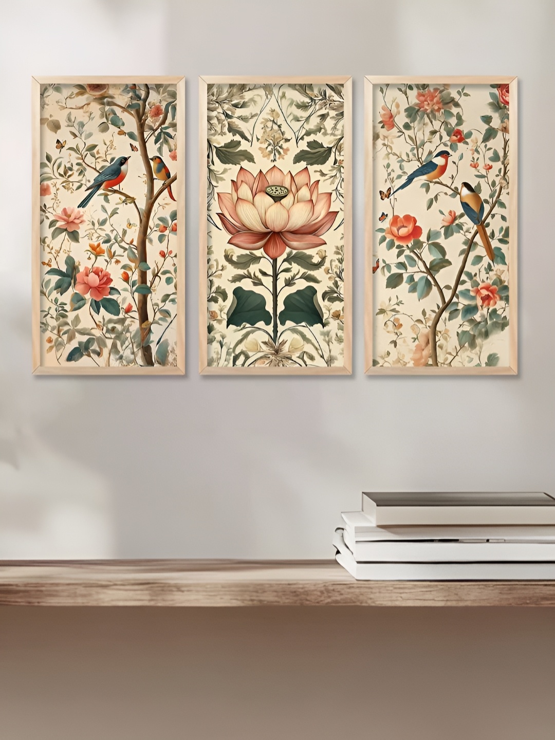 

WALLLANE Brown & Green 3 Piece Wood Floral and Botanical Wall Paintings