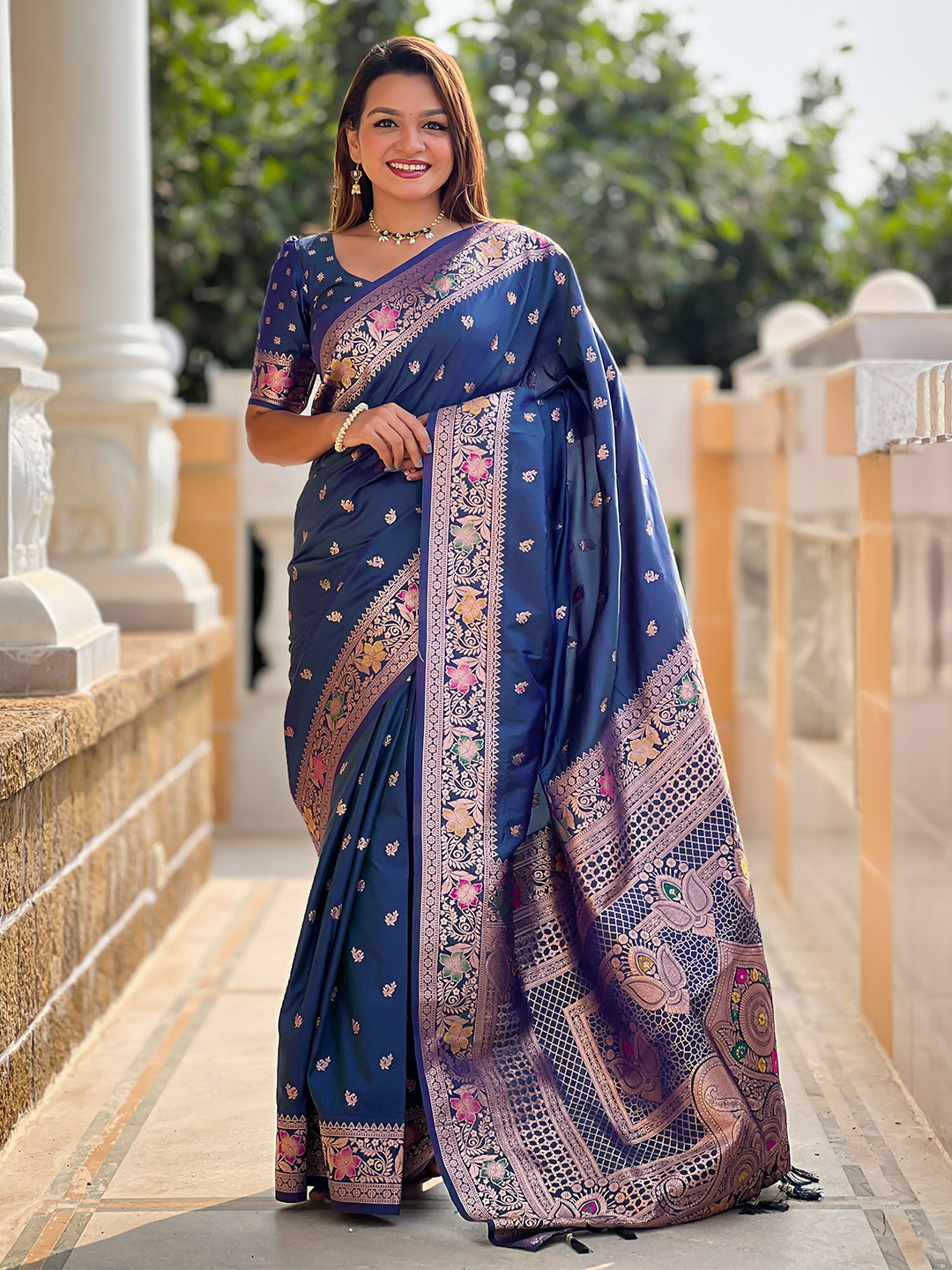 

Ekta Textiles Woven Design Zari Pure Silk Banarasi Saree, Blue