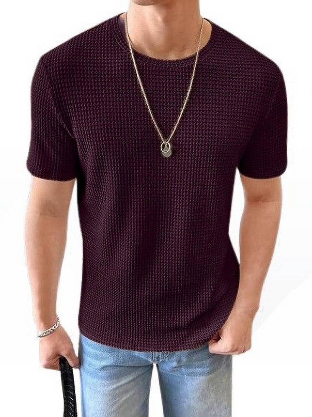 

Colorchakra Men V-Neck Extended Sleeves Pockets T-shirt, Maroon