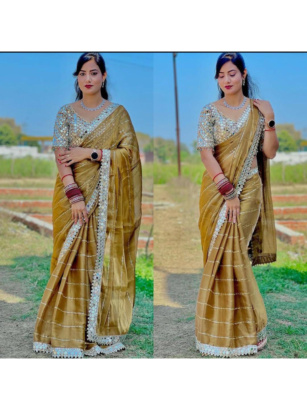 

MANSUBHA Striped Embellished Mirror Work Saree, Mustard
