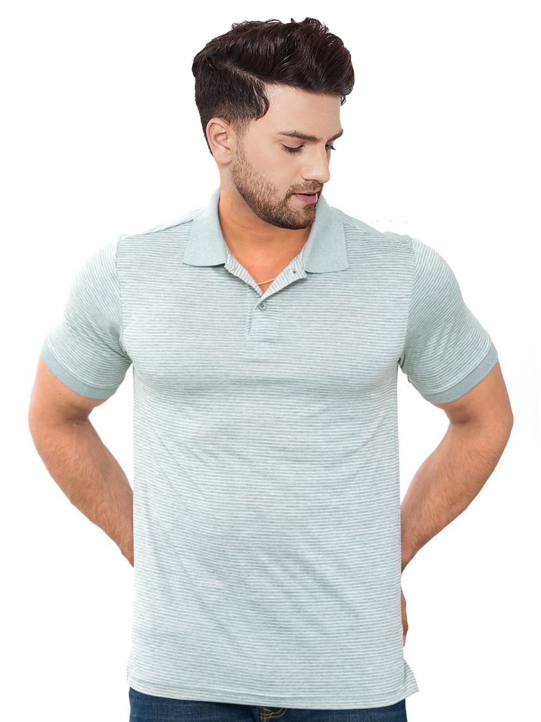 

Bishop Cotton Men Striped Polo Collar Applique T-shirt, Grey melange