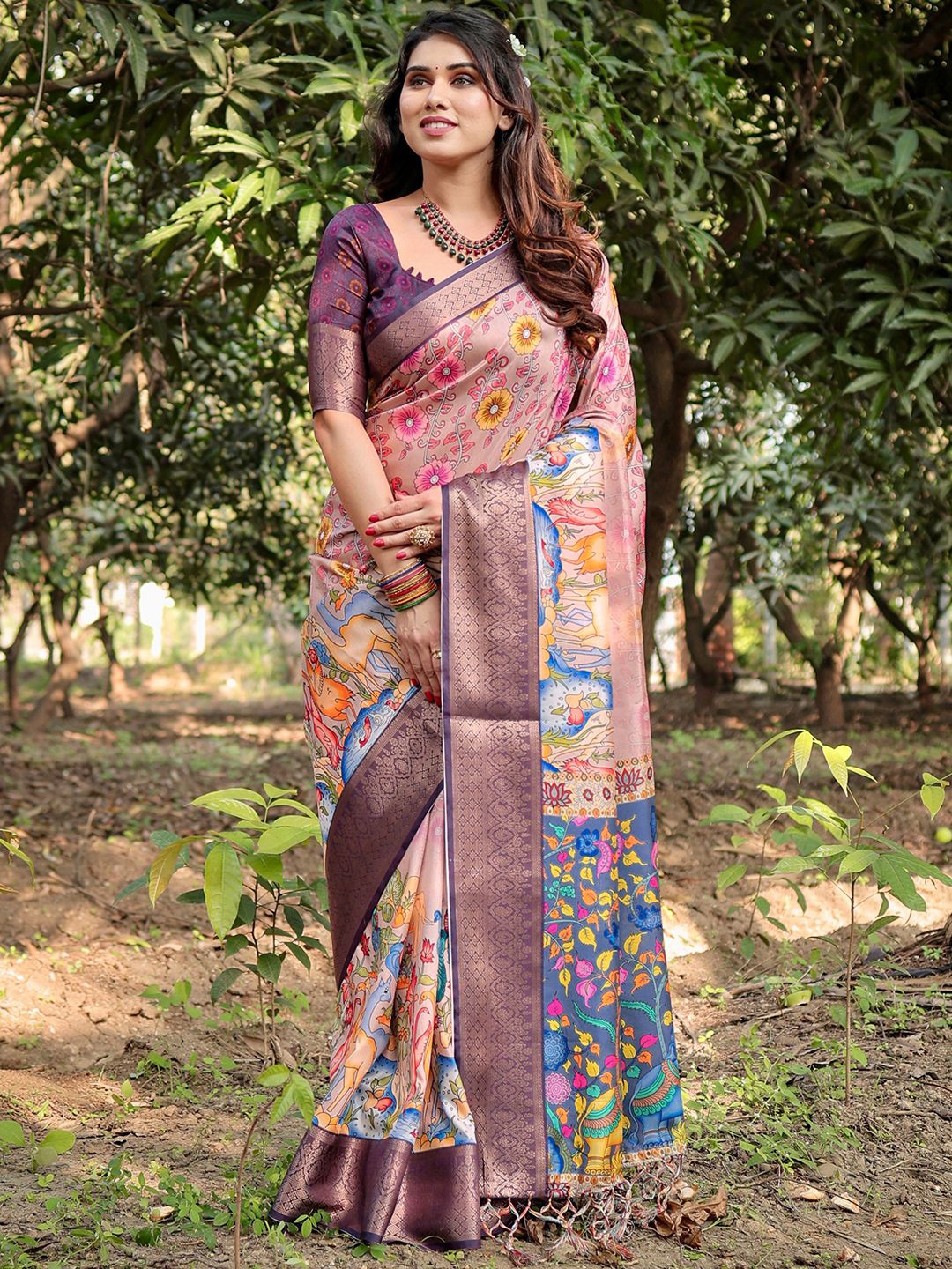 

DIVASTRI Kalamkari Printed Zari Kanjeevaram Saree, Pink