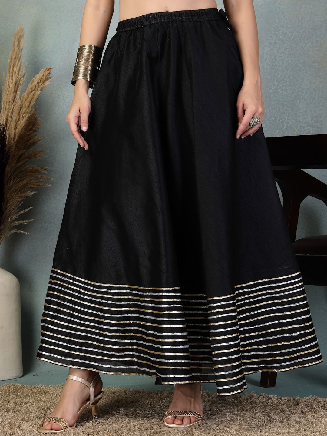 

Clora Creation High Rise Gotta Patti Flared Maxi Skirt, Black