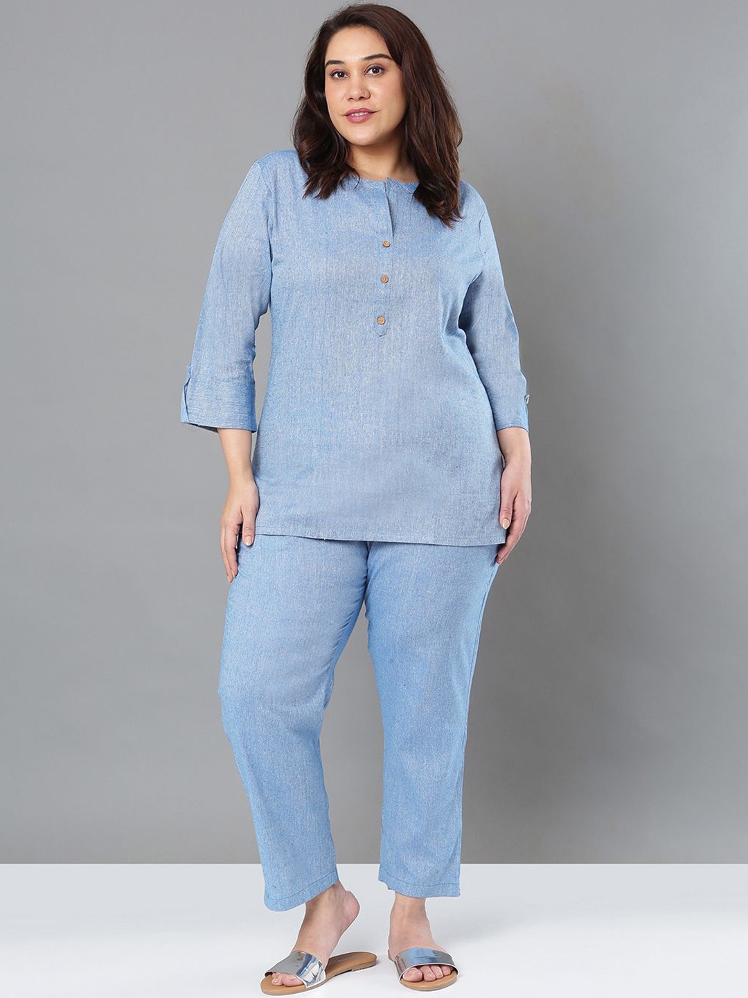 

Sztori Pure Cotton Mandarin Collar Top With Trousers Co-Ords, Blue