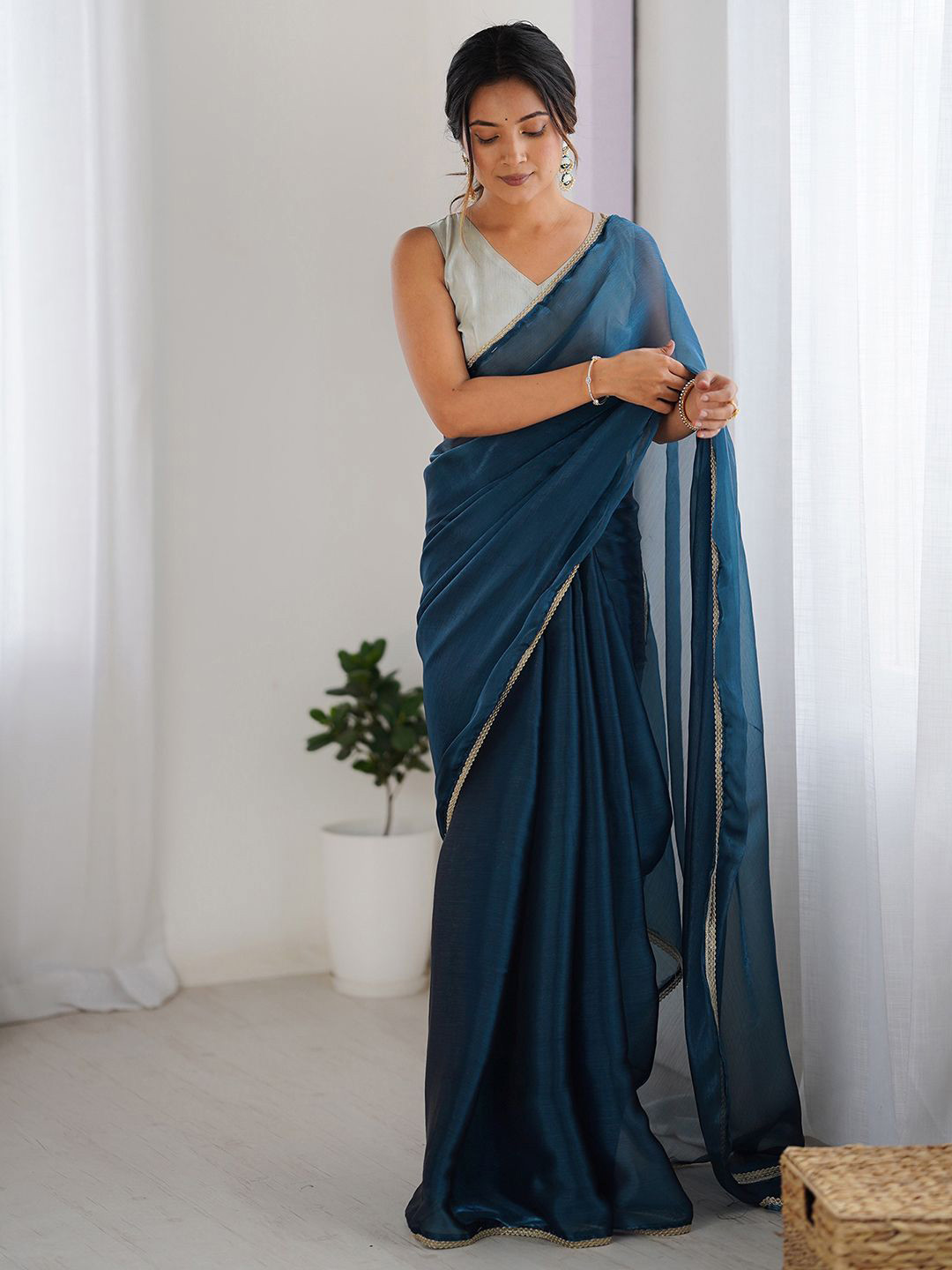

KALINI Embroidered Pure Chiffon Saree, Blue