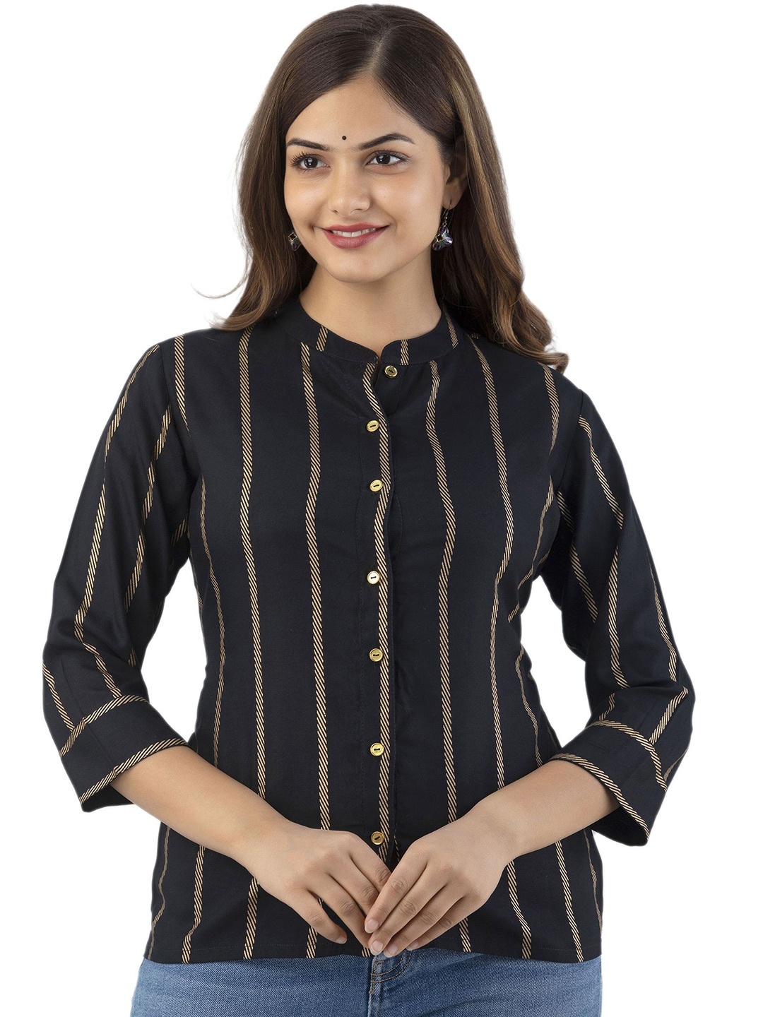 

DMP FASHION Striped Mandarin Collar Top, Black