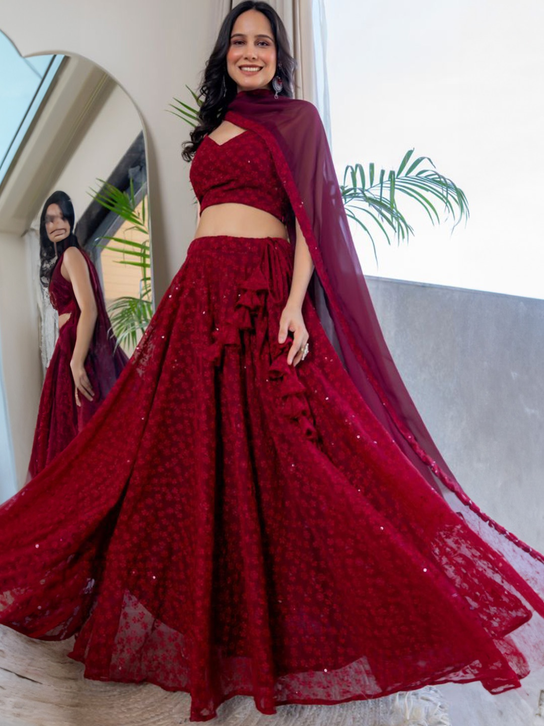 

HOUSE OF JAMOTI Embellished Sequinned Ready to Wear Lehenga & Blouse With Dupatta, Maroon