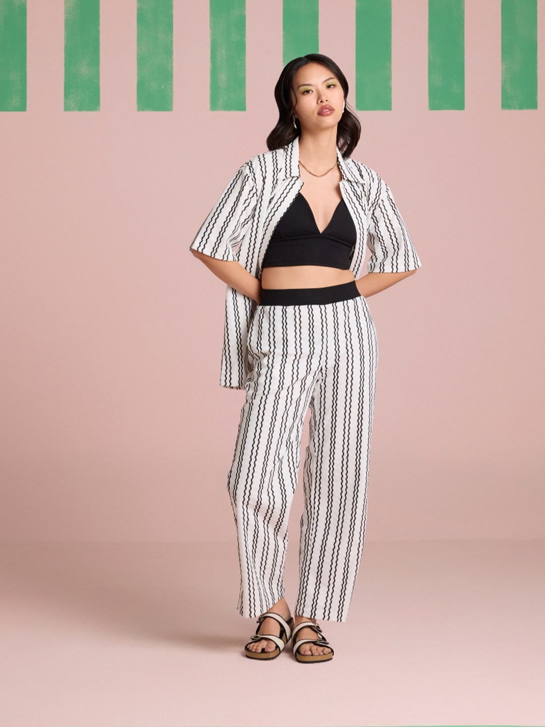 

Muvazo Striped Shirt Collar Shirt With Trousers Co-Ords, Black