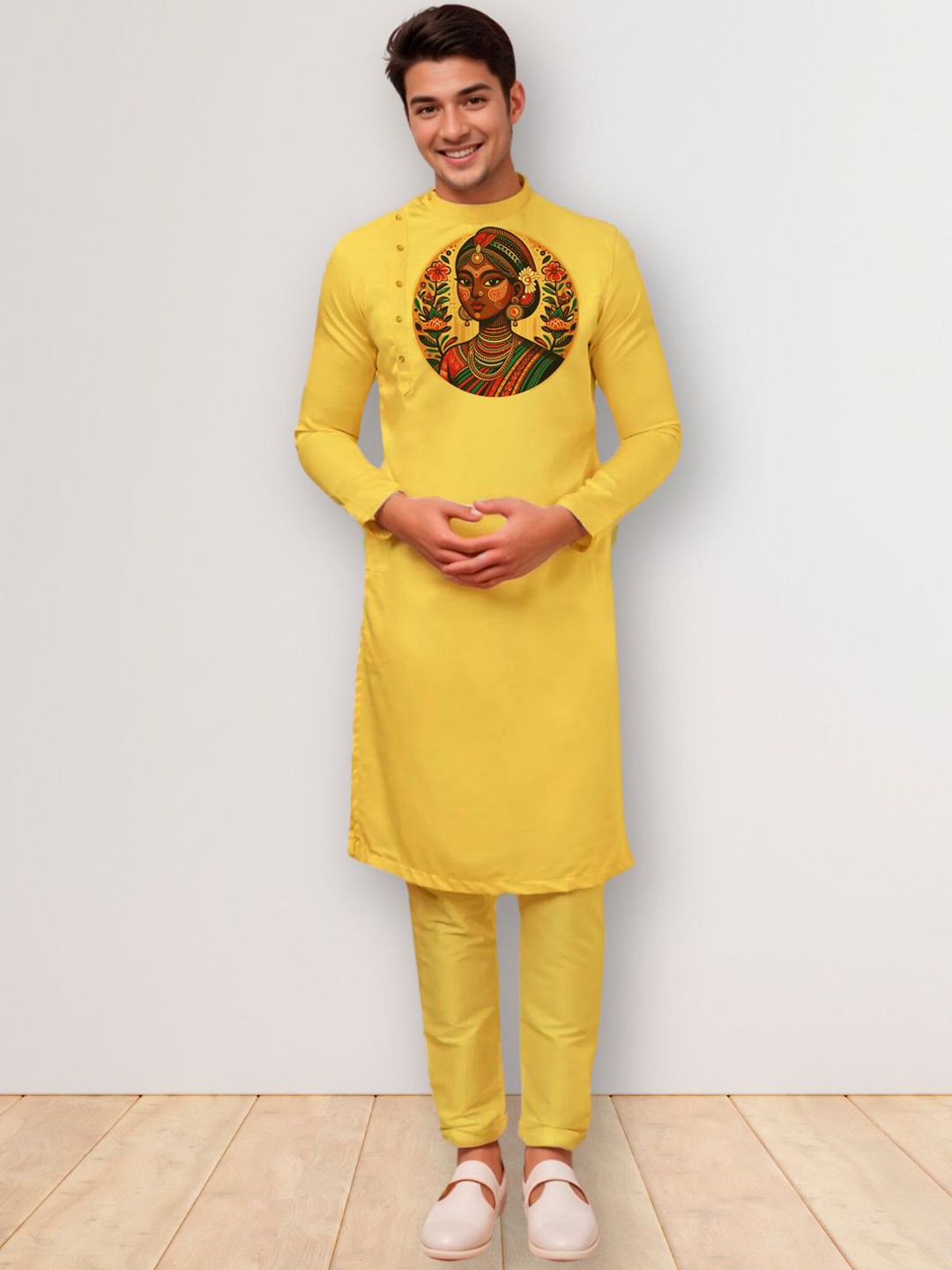 

DEVOILER Men Ethnic Motifs Printed Thread Work Kurta, Mustard