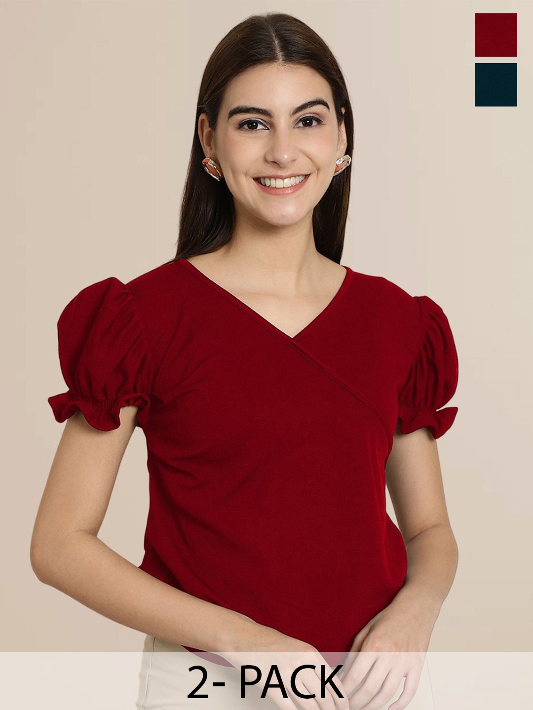 

Tromko Women Puff Sleeve V-Neck Top, Multi