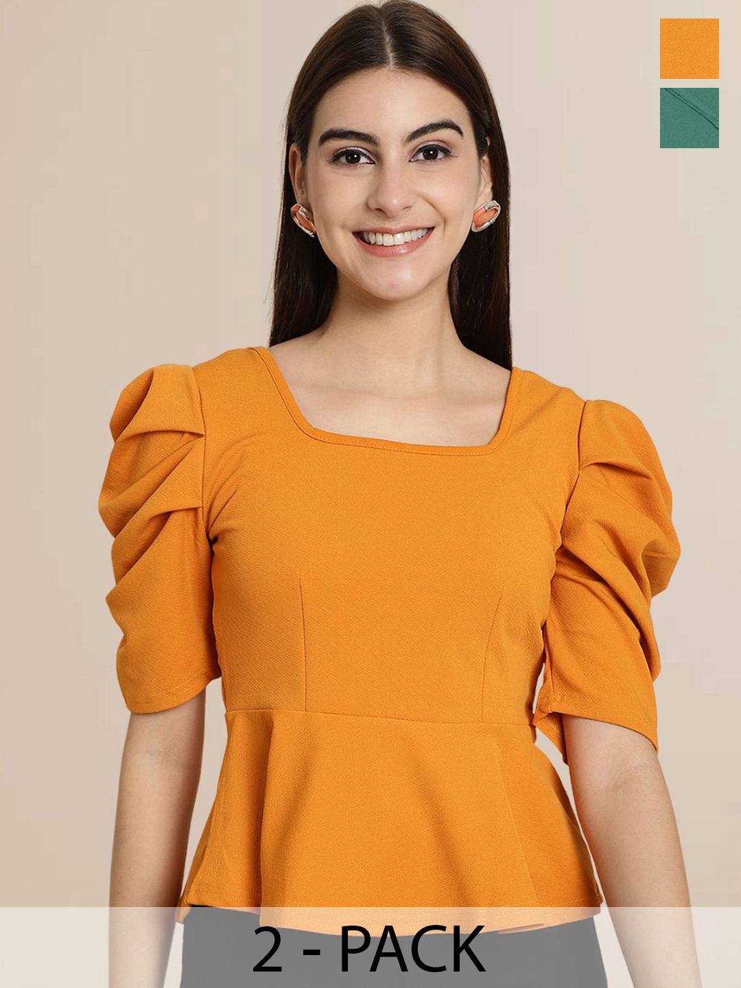 

Tromko Women Pack Of 2 Puff Sleeve Peplum Top, Yellow
