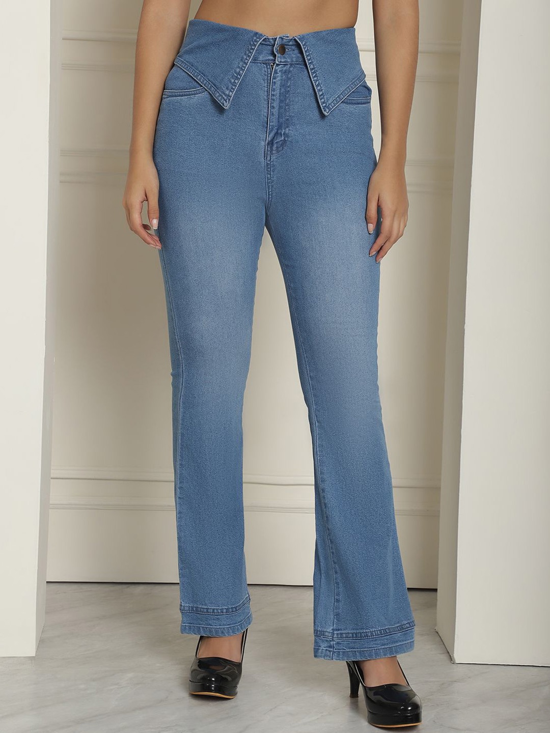 

JAKANARY Women Faded Relaxed High-Rise Easy Wash Trousers, Blue