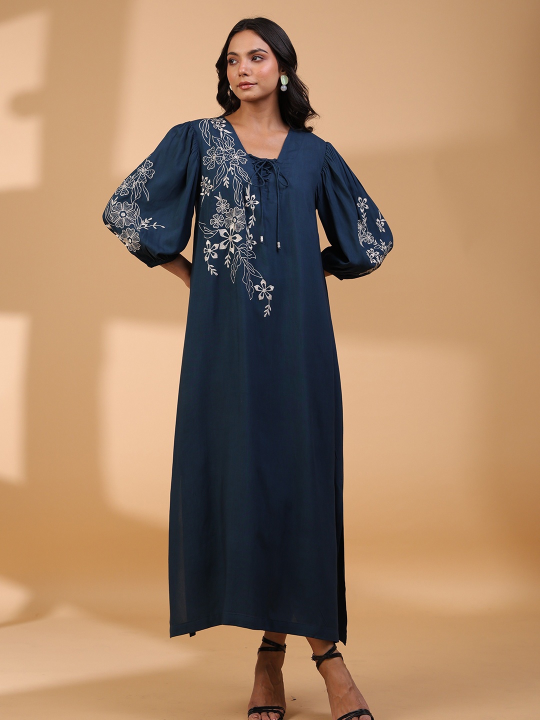 

STIL O STITCH Embellished Satin A-Line Maxi Dress, Blue