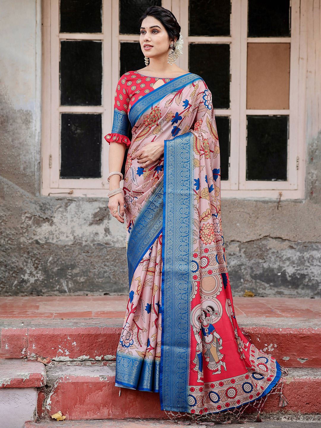 

DIVASTRI Kalamkari Zari Silk Blend Paithani Saree, Beige