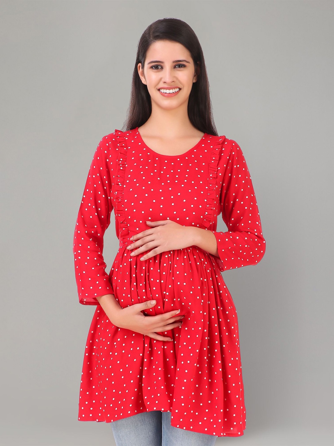 

Zuvino Women Polka Dot Print Longline Top, Red