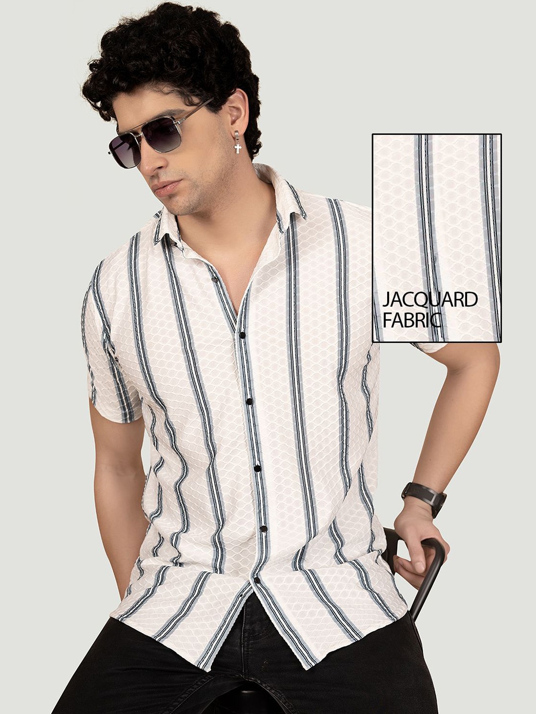 

ALMATY Men Comfort Slim Fit Opaque Striped Casual Shirt, White