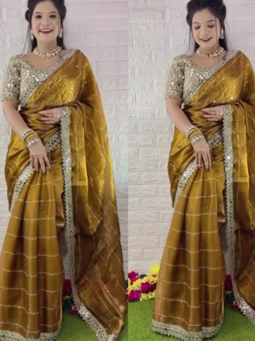 

MANSUBHA Striped Embellished Mirror Work Tissue Saree, Yellow